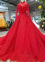 Red Ball Gown Lace High Neck Backless Long Sleeve Wedding Dress With Beading