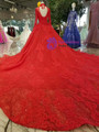 Red Ball Gown Lace High Neck Backless Long Sleeve Wedding Dress With Beading