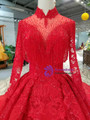 Red Ball Gown Lace High Neck Backless Long Sleeve Wedding Dress With Beading