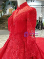 Red Ball Gown Lace High Neck Backless Long Sleeve Wedding Dress With Beading