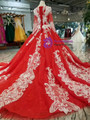 Red Ball Gown White Appliques Long Sleeve Wedding Dress With Beaidng