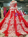 Red Ball Gown White Appliques Long Sleeve Wedding Dress With Beaidng