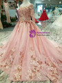 Pink Lace Appliques Sequins Long Sleeve Wedding Dress With Little Train