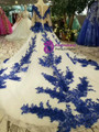 Ball Gown Tulle Blue Lace Appliques Long Sleeve Wedding Dress With Beading