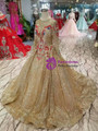 Champagne Gold Sequins Embroidery Long Sleeve Wedding Dress With Beading
