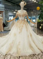Champagne Ball Gown Tulle Sequins Off The Shoulder Beading Wedding Dress