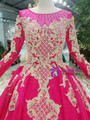 Fuchsia Tulle Champagne Lace Appliques Long Sleeve Wedding Dress