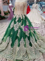 Green Tulle Champagne Lace Appliques Off The Shoulder Short Sleeve Wedding Dress
