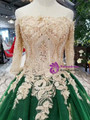 Green Tulle Champagne Lace Appliques Off The Shoulder Short Sleeve Wedding Dress