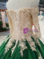 Green Tulle Champagne Lace Appliques Off The Shoulder Short Sleeve Wedding Dress