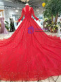 Red Ball Gown Lace Sequins High Neck Long Sleeve Beading Wedding Dress