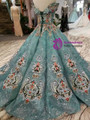 Green Ball Gown Sequins Bling Bling Off The Shoulder Beading Haute Couture Wedding Dress