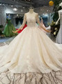 Light Champagne Square Neck Long Sleeve Sequins Lace Appliques Wedding Dress