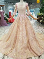 Pink Sequins Scoop Half Sleeve Appliques Wedding Dress With Beading