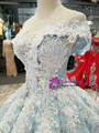 Blue Ball Gown Sequins White Lace Appliques Off The Shoulder Wedding Dress