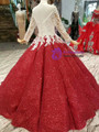 Red Ball Gown Sequins Long Sleeve Lace Appliques Wedding Dress
