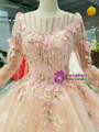 Pink Princess Ball Gown Tulle Appliques 3/4 Sleeve Wedding Dress