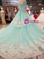 Green Ball Gown Tulle Appliques Off The Shoulder Wedding Dress With Beading