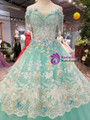 Green Ball Gown Tulle Appliques Off The Shoulder Wedding Dress With Beading