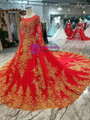 Red Ball Gown Tulle Gold Lace Appliques Long Sleeve Backless Wedding Dress With Train
