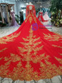 Red Ball Gown Tulle Gold Lace Appliques Long Sleeve Backless Wedding Dress With Train