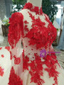 Champagne Bal Gown Tulle Red Lace Appliques High Neck Long Sleeve Wedding Dress