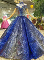 Ball Gown Blue Sequins Off The Shoulder Floor Length Wedding Dress