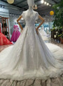 Ball Gown Tulle Lace Applique Sequins High Neck Cap Sleeve Wedding Dress With Beading