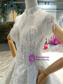 Ball Gown Tulle Lace Applique Sequins High Neck Cap Sleeve Wedding Dress With Beading