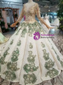 Champagne And Green Appliques Long Sleeve Beading Floor Length Wedding Dress