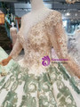 Champagne And Green Appliques Long Sleeve Beading Floor Length Wedding Dress
