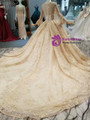 Champagne Gold Lace Tulle Long Sleeve Bateau Wedding Dress With Beading
