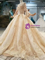 Champagne Gold Lace Tulle Long Sleeve Bateau Wedding Dress With Beading