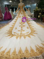 Ball Gown Tulle Gold Lace Appliques Off The Shulder Wedding Dress With Train