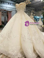 Light Champagne Tulle Lace Appliques Off The Shoulder Beading Wedding Dress With Beading
