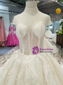 Ball Gown Tulle Sequins High Neck Backless Cap Sleeve Wedding Dress