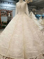 Champagne Tulle Sequins Bling Bling High Neck Long Sleeve Wedding Dress With Beading