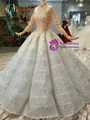 Silver Gray Sequins Ball Gown High Neck Long Sleeve Wedding Dress With Beading