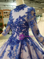 Blue Lace Appliques High Neck Long Sleeve Wedding Dress With Beading