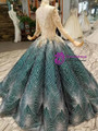 Green Ball Gown Sequins Bling Bling High Neck Long Sleeve Appliques Weddign Dress