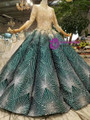 Green Ball Gown Sequins Bling Bling High Neck Long Sleeve Appliques Weddign Dress