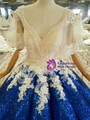Royal Blue Ball Gown Sequins Appliques V-neck Short SLeeve Wedding Dress