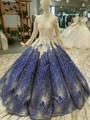 Blue Ball Gown Sequins Bling Bling Appliques Square Long Sleeve Wedding Dress