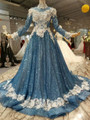 Blue Sequins Bling Bling White Appliques High Neck Long Sleeve Wedding Dress