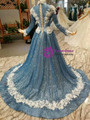 Blue Sequins Bling Bling White Appliques High Neck Long Sleeve Wedding Dress
