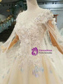 Champagne Ball Gown Tulle Appliques Cap Sleeve Backless Wedding Dress