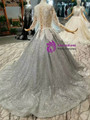 Gray Ball Gown Sequins Lace Appliques Long Sleeve Wedding Dress
