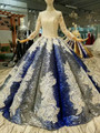 Royal Blue Sequins Appliques High Neck Long Sleeve Wedding Dress