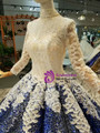 Royal Blue Sequins Appliques High Neck Long Sleeve Wedding Dress