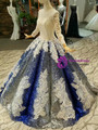 Royal High Neck Long Sleeve Blue Ball Gown Sequins Appliques Wedding Dress